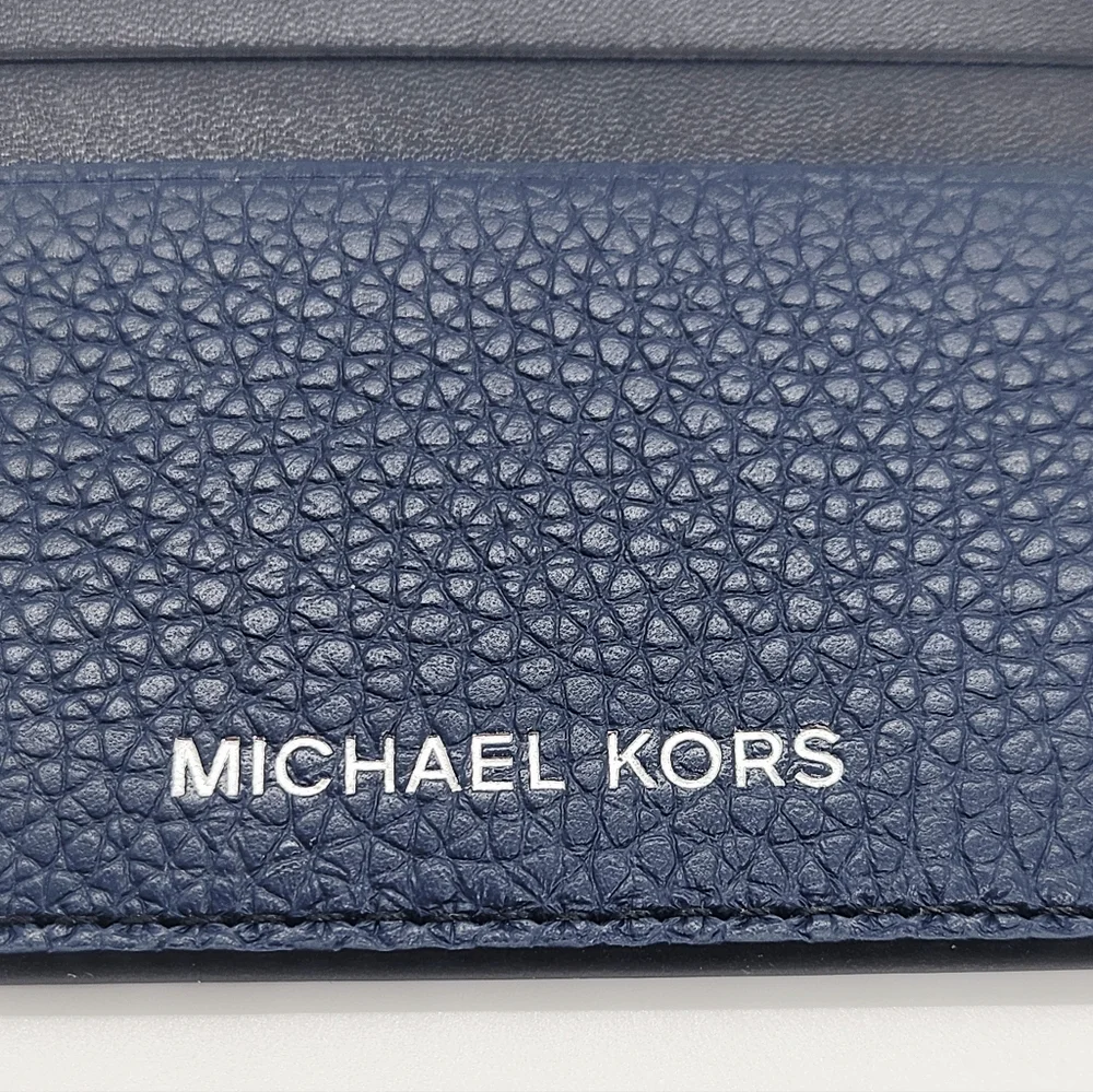 Michael Kors Cooper Pebbled Leather Tall Card Case Navy Blue & Black NWT